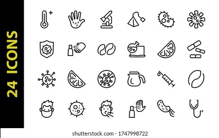 CORONAVIRUS set of icons on the theme of coronavirus, contains icons such as antiseptic, hand washing, mask, bacteria, sneezing, temperature Editable stroke, Vector illustration,
