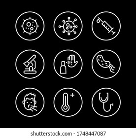 CORONAVIRUS set of icons on the theme of coronavirus, contains icons such as antiseptic, hand washing, mask, bacteria, sneezing, temperature Editable stroke, Vector illustration,