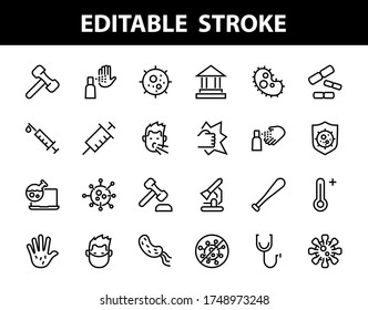 CORONAVIRUS A set of icons on the theme of coronavirus, contains icons such as an antiseptic, handwashing, masks, bacteria, sneezing, temperature, virus, thin lines, editable stroke, vector.