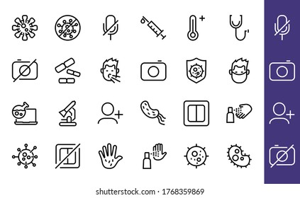 CORONAVIRUS A set of icons on the theme of coronavirus, contains icons such as an antiseptic, handwashing, masks, bacteria, sneezing, temperature, virus, thin lines, editable stroke, vector.