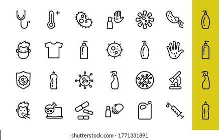 CORONAVIRUS A set of icons on the theme of coronavirus, contains icons such as an antiseptic, handwashing, masks, bacteria, sneezing, temperature, virus, thin lines, editable stroke, vector.
