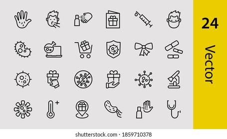 CORONAVIRUS A set of icons on the theme of coronavirus, contains icons such as an antiseptic, handwashing, masks, bacteria, sneezing, temperature, virus, thin lines, editable stroke, vector.