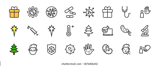 CORONAVIRUS A set of icons on the theme of coronavirus, contains icons such as an antiseptic, handwashing, masks, bacteria, sneezing, temperature, virus, thin lines, editable stroke, vector.