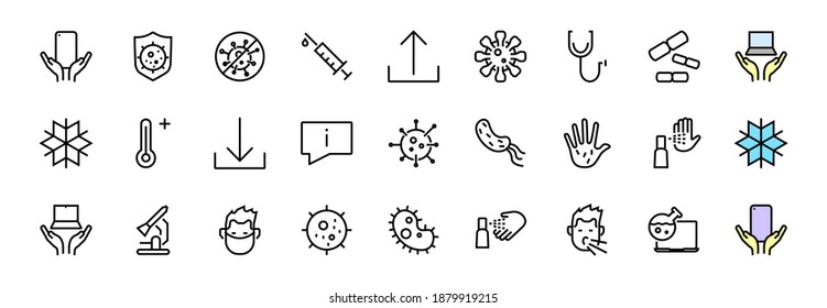 CORONAVIRUS A set of icons on the theme of coronavirus, contains icons such as an antiseptic, handwashing, masks, bacteria, sneezing, temperature, virus, thin lines, editable stroke, vector.