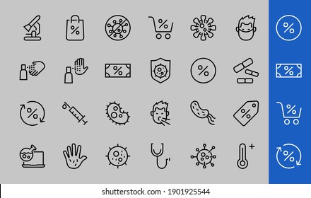 CORONAVIRUS A set of icons on the theme of coronavirus, contains icons such as an antiseptic, handwashing, masks, bacteria, sneezing, temperature, virus, thin lines, editable stroke, vector.