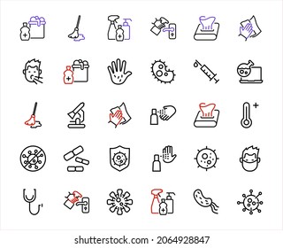 CORONAVIRUS A set of icons on the theme of coronavirus, contains icons such as an antiseptic, handwashing, masks, bacteria, sneezing, temperature, virus, thin lines, editable stroke, vector.