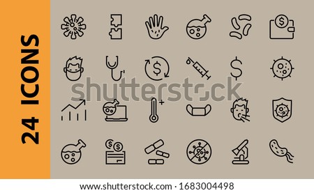 CORONAVIRUS a set of icons on the theme of Coronavirus, contains such icons as nucleation, hand washing, mask, bacteria, sneezing, Editable stroke, on a white background.