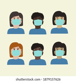 Coronavirus set of masked people. Different peoples people in masks. Men and women of different skin colors in protective masks. Collection of symbols of protection from the virus Covid 19. Vector