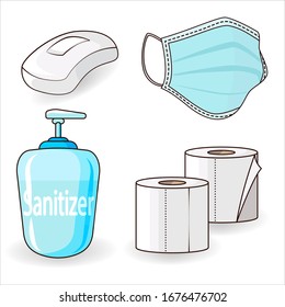 Coronavirus set. Medical mask. Protective  mask. Toiler paper. Soap. Sanitizer for hands. Disinfection. White background. Flat isolated vector illustration. 