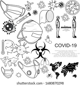 Coronavirus Set Medicine vector line icons. Mask, map of the earth, and other things related to COVID-19. Collage, draw line