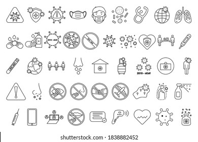 Coronavirus set of outline icons for prevention, protection and coronavirus restrictions. Outline vector illustration for web use, design, print or infographic brochures.