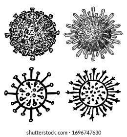 Coronavirus set. Pandemic or COVID-19. Quarantine. Respiratory illness. Infection or virus. Hand drawn sketch. Spikes of virion. Electron microscopically view. Infectious bacteria.