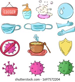 Coronavirus-Set. Coronavirus, Seife, Suppe, Schild, Sanitäter, Seifenblase, Schild geschlossen, medizinische Masken, Handschuhe, Stoppschild. Vektorillustration 10 eps 