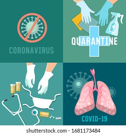 Coronavirus set. Stop epidemic. Doctors and patients. COVID-19 (SARS-CoV-2). Vector illustration. Virus infection control, hygiene, medical masks, self-isolation 