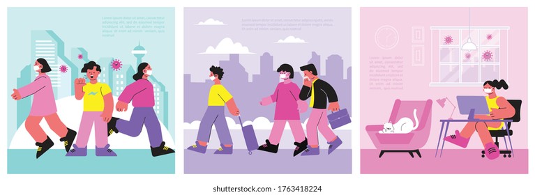 Coronavirus set with three flat compositions of people coughing in public places with cityscape and text vector illustration