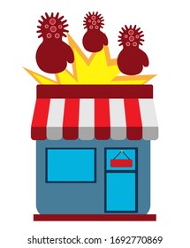 coronavirus in the shape of a boxer gloves is attacking a small shop. The concept of ruining or closing a small business due to a pandemic. Covid-19 virus outbreak. Business risks. Company gone bust.