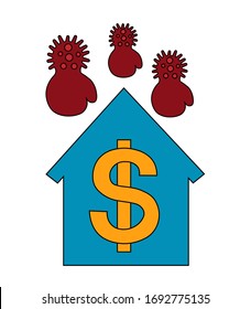 el coronavirus en forma de guantes boxeadores ataca una casa con un dólar. El concepto de incapacidad para pagar una hipoteca debido a una pandemia.
Concepto de problema financiero. concepto de financiación de la deuda hipotecaria 