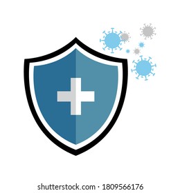 Coronavirus with shield against coronavirus 2019-ncov coronavirus COVID-19, medical health shield concept with a plus sign, health care drugs are protected, promote immune concept.