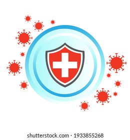 Coronavirus with shield against coronavirus 2019-ncov coronavirus COVID-19, medical health shield concept with a plus sign, health care drugs are protected, promote immune concept.