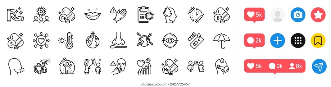 Coronavirus, Sick man and Dont touch line icons pack. Social media icons. Use gloves, Iron, Washing hands web icon. Magnesium mineral, Electronic thermometer, Umbrella pictogram. Heart beat. Vector