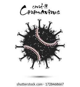 Coronavirus sign with baseball ball made of blots. Stop covid-19 outbreak. Caution risk disease 2019-nCoV. Cancellation of sports tournaments due to an outbreak of coronavirus. Vector illustration