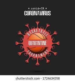 Coronavirus sign with basketball ball. Mode quarantine. Stop covid-19 outbreak. Caution risk disease 2019-nCoV. Cancellation of sports tournaments. Pattern design. Vector illustration