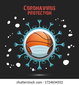 Coronavirus sign and basketball ball with a protection mask. Stop covid-19 outbreak. Caution risk disease 2019-nCoV. Cancellation of sports tournaments. Pattern design. Vector illustration