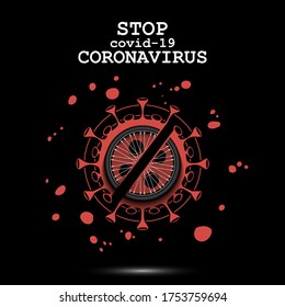 Coronavirus sign and bicycle wheel with a crossed line. Stop covid-19 outbreak. Caution risk disease 2019-nCoV. Cancellation of sports tournaments. Pattern design. Vector illustration