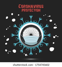 Coronavirus sign and bicycle wheel with a protection mask. Stop covid-19 outbreak. Caution risk disease 2019-nCoV. Cancellation of sports tournaments. Pattern design. Vector illustration