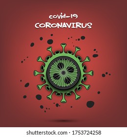 Coronavirus sign with bicycle wheel. Stop covid-19 outbreak. Caution risk disease 2019-nCoV. Cancellation of sports tournaments. The worldwide fight against the pandemic. Vector illustration
