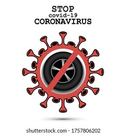 Coronavirus sign and car wheel with a crossed line. Stop covid-19 outbreak. Caution risk disease 2019-nCoV. Cancellation of sports tournaments. Pattern design. Vector illustration