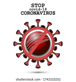 Coronavirus sign and cricket ball with a crossed line. Stop covid-19 outbreak. Caution risk disease 2019-nCoV. Cancellation of sports tournaments. Pattern design. Vector illustration