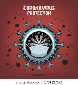 Coronavirus sign and dartboard with a protection mask. Stop covid-19 outbreak. Caution risk disease 2019-nCoV. Cancellation of sports tournaments. Pattern design. Vector illustration