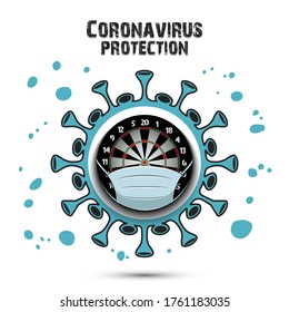 Coronavirus sign and dartboard with a protection mask. Stop covid-19 outbreak. Caution risk disease 2019-nCoV. Cancellation of sports tournaments. Pattern design. Vector illustration