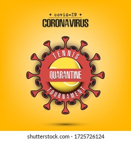 Coronavirus sign with tennis ball. Mode quarantine. Stop covid-19 outbreak. Caution risk disease 2019-nCoV. Cancellation of sports tournaments. Pattern design. Vector illustration