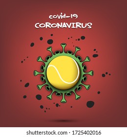 Coronavirus sign with tennis ball. Stop covid-19 outbreak. Caution risk disease 2019-nCoV. Cancellation of sports tournaments. The worldwide fight against the pandemic. Vector illustration