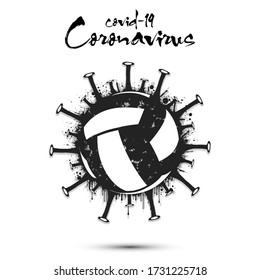 Coronavirus sign with volleyball ball made of blots. Stop covid-19 outbreak. Caution risk disease 2019-nCoV. Cancellation of sports tournaments due to an outbreak of coronavirus. Vector illustration