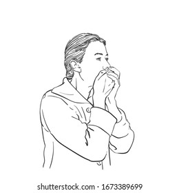 Coronavirus. Sketch Of Coughing Woman Covering Her Mouth With Hands, Hand Drawn Vector Illustration