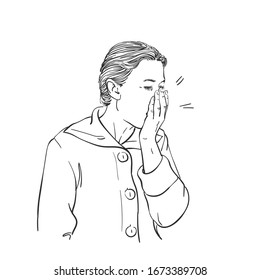 Coronavirus. Sketch of coughing woman covering her mouth with hand, Hand drawn vector illustration