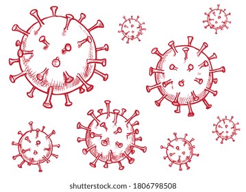 Coronavirus sketch. Set of coronavirus respiratory infection cell medical icon set isolated on white. Vector engraving Covid-19 virus germ epidemic disease silhouette. Hand drawn line art illustration