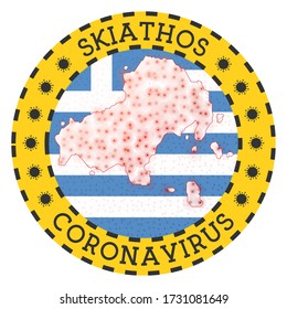 Coronavirus in Skiathos sign. Round badge with the shape of Skiathos. Yellow island lockdown emblem with title and virus signs. Vector illustration.