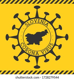 Coronavirus in Slovenia sign. Round badge with the shape of a virus and Slovenia map. Yellow country epidemic lockdown stamp. Vector illustration.