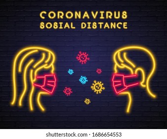 Coronavirus Social Distance Neon light Glowing Vector Illustration. Male and Female Icon Neon Bright