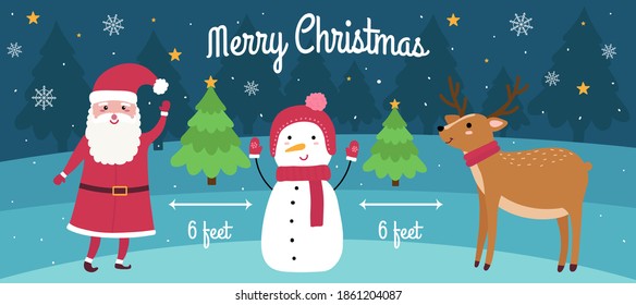 coronavirus and social distancing infographic with cute Christmas cartoon characters. Santa Claus, Snowman and reindeer 6 feet apart. Snow dark forest behind them. Vector illustration
