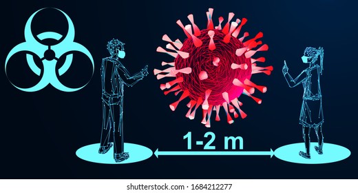 Coronavirus. Social distancing and minimize physical contact. Space between people to avoid spreading COVID-19 Virus. Keep the 1-2 meter distance. The medical concept. Low poly wireframe style. Vector