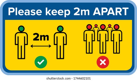 Coronavirus social distancing please keep 2m metre distance apart sign or sticker decal for use during covid-19 n-cov pandemic quarantine epidemic. Warning sign with people symbols. Vector design 