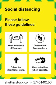 Coronavirus social distancing poster sign information infographic design with covid-19 symbols and illustrations to demonstrate social distance quarantine measures in public spaces. 