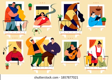 Coronavirus, social isolation, quarantine concept. Men women characters relax dancing playing musical instruments doing yoga on balconies balcony during covid19 pandemic. Stay at home illustration.