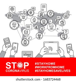 Coronavirus Concepto plano de red social para hospitales, instalaciones médicas. 
Icono de célula bacteriana y afiche COVID-19 Detener virus para la organización de Salud Mundial, Diseño Web. Quédate y trabaja en casa. Vector