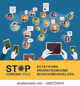 Coronavirus Social network  flat concept  for hospitals, medical facilities. 
Bacteria Cell Icon and Poster COVID-19 Stop Virus for World Health organization, Web Design. Stay and work at home. Vector